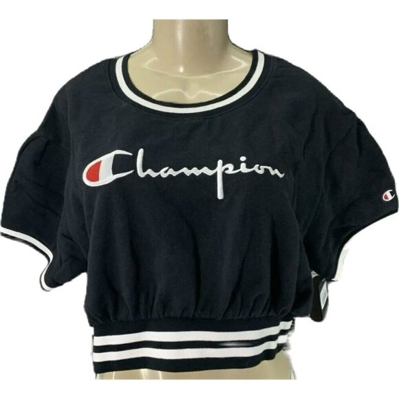 Champion XL Black Logo Fleece Lined Ribbed Trim Short Sleeve Crop Sweatshirt - Picture 2 of 6